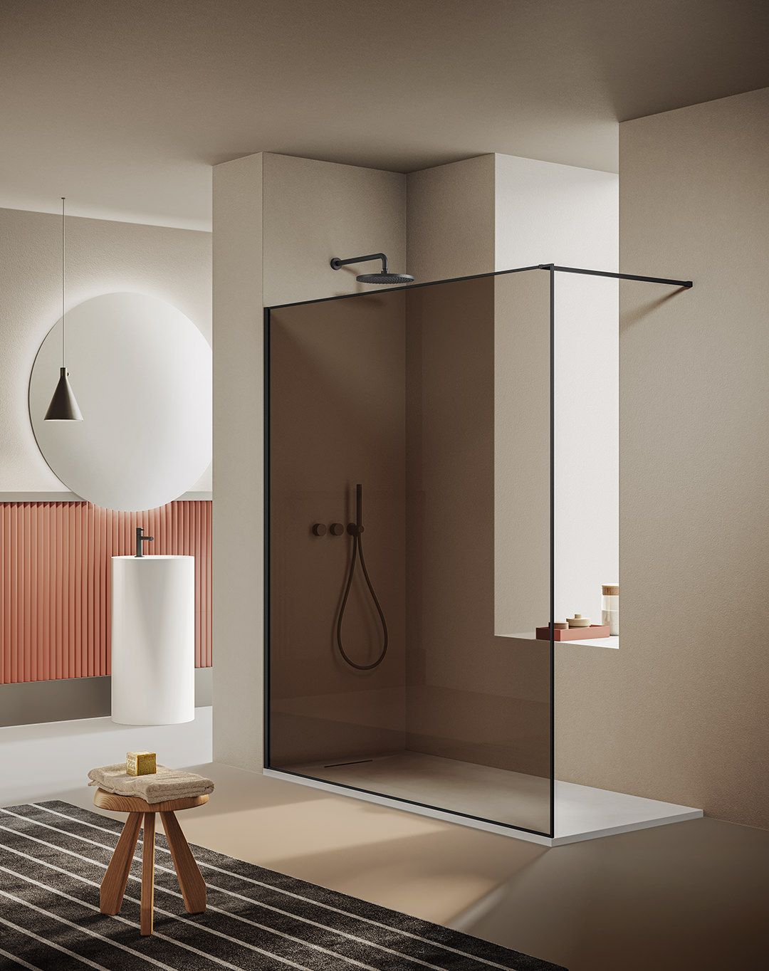 Un bagno con cabina doccia e lavandino.