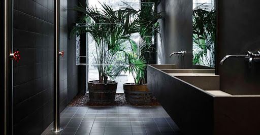 Un bagno con due lavandini, una vasca, una doccia e piante in vaso.