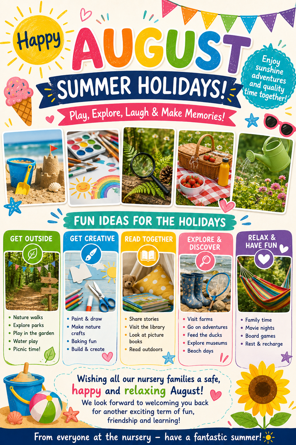 Colorful August summer holidays flyer with kids’ activity ideas, beach crafts, and nature play tips