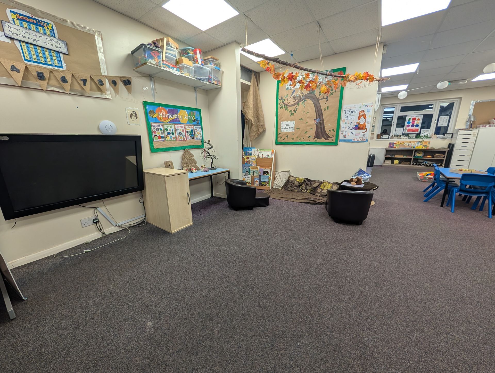Classroom corner with TV, colorful wall art, carpet, chairs, and scattered cushions under bright lights