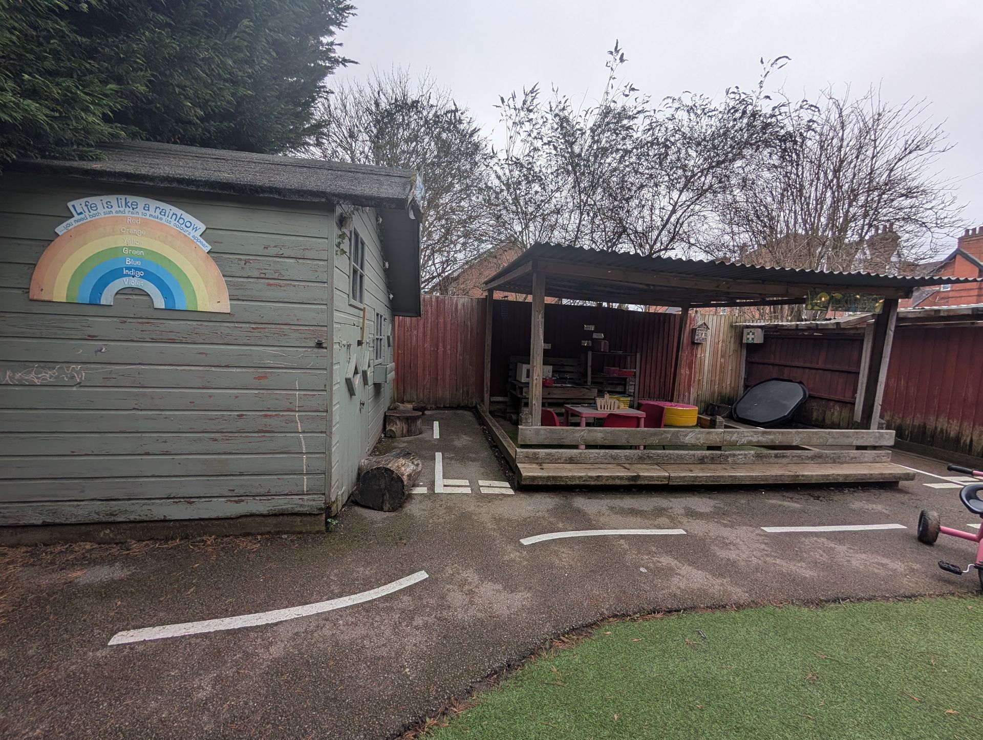 Backyard with a gray shed, rainbow mural, and covered patio beside a lawn.