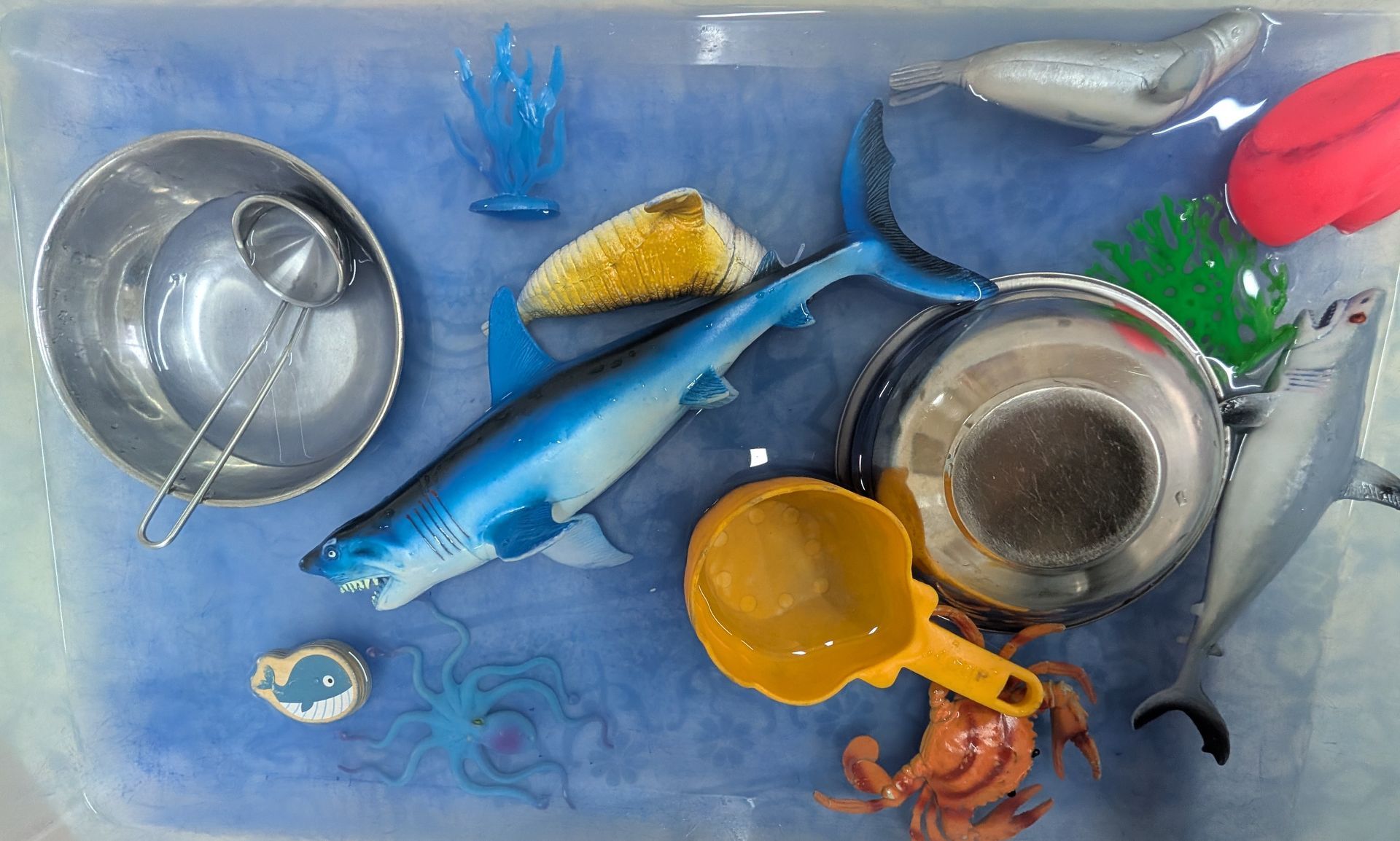 Assorted toy sea animals and beach items on blue background, including shark, fish, crab, shells, and buckets
