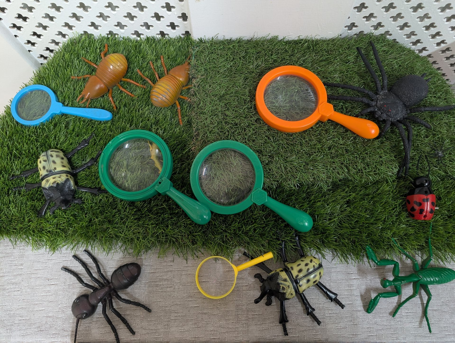 Toy insects on green grass with colorful magnifying glasses scattered around.