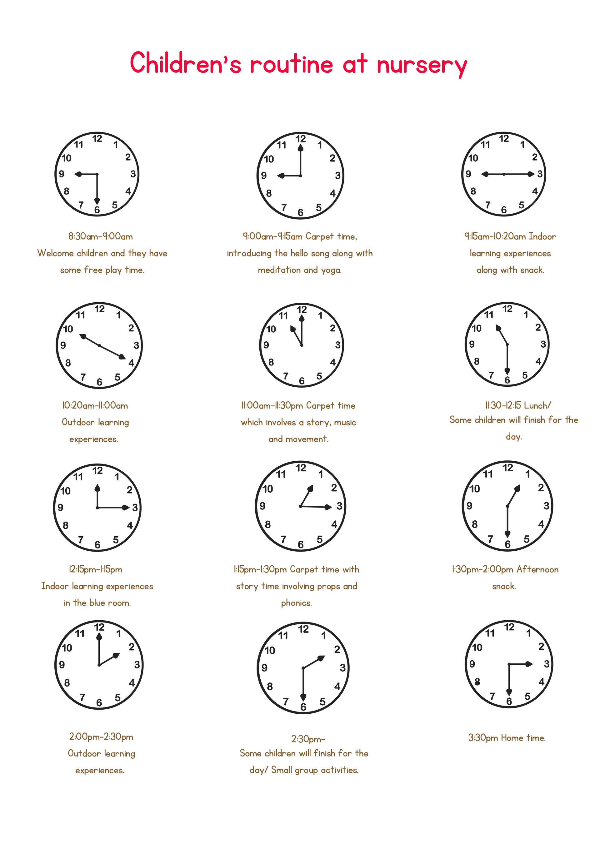 clock time table explaining childrens routine at nursery