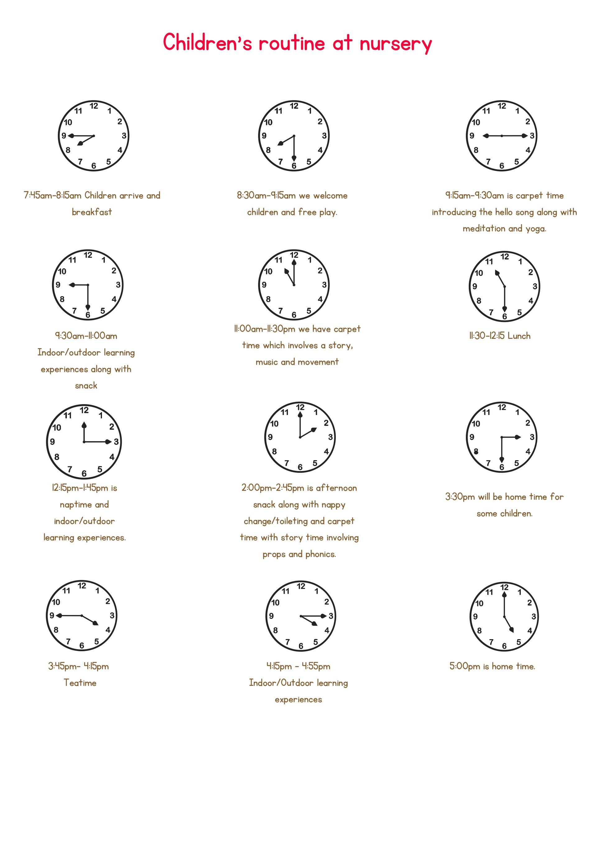 Children's routine at nursery: a 12-step clock schedule in three columns with red title on white background