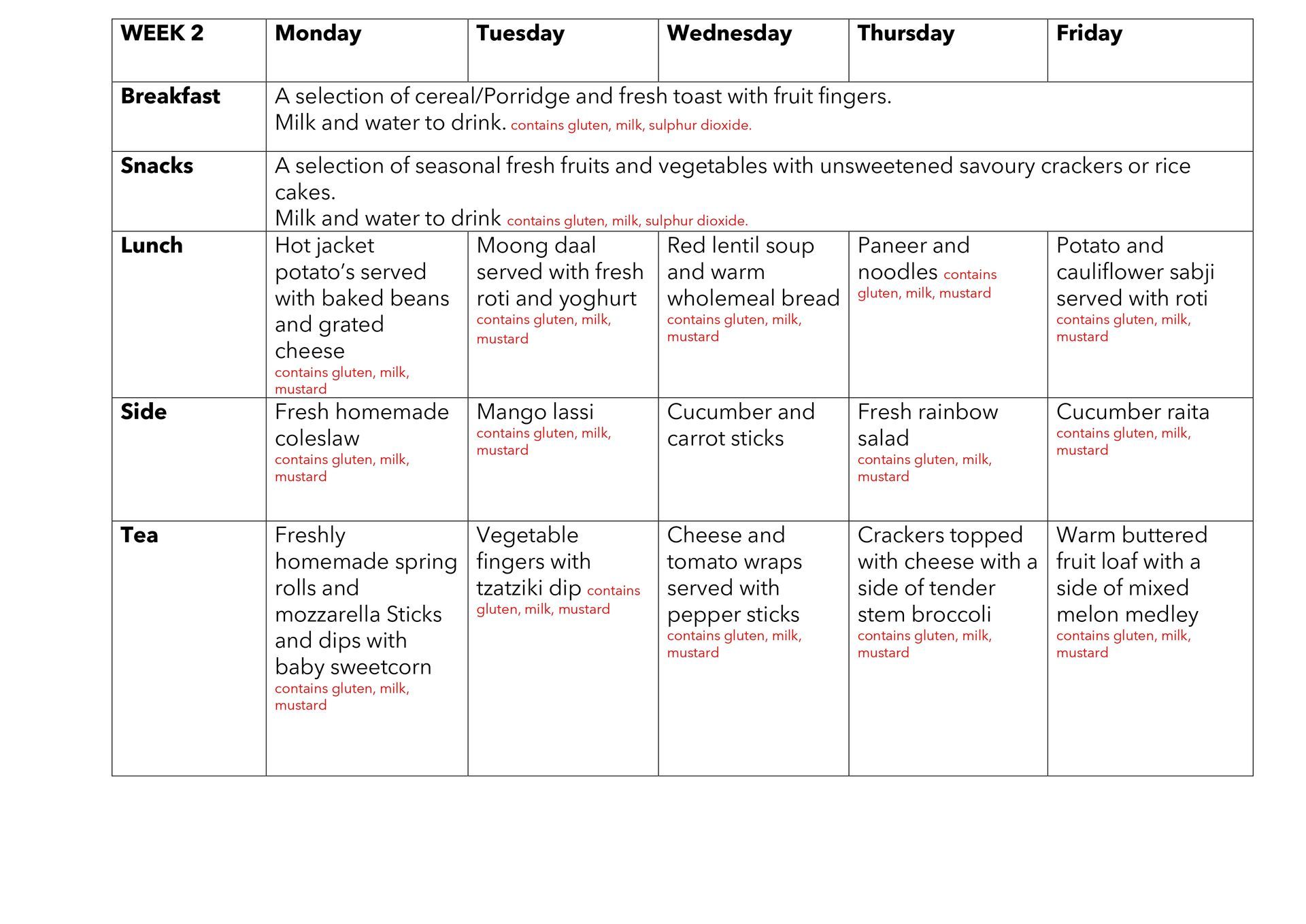 Weekly schedule table with days Monday to Friday and rows for lesson activities and notes.