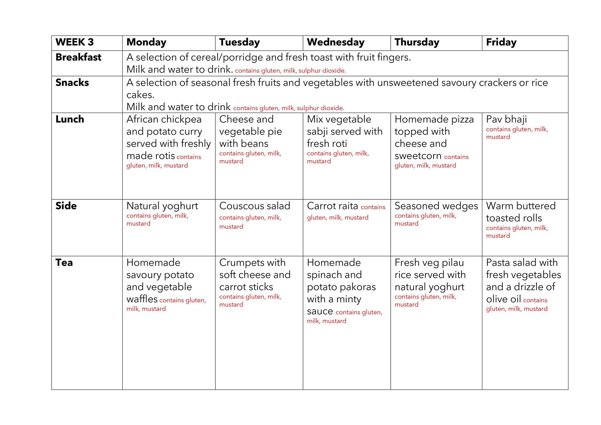 Weekly schedule table with days Monday–Friday and rows for Breakfast, Snack, Lunch, Study, and Tea.