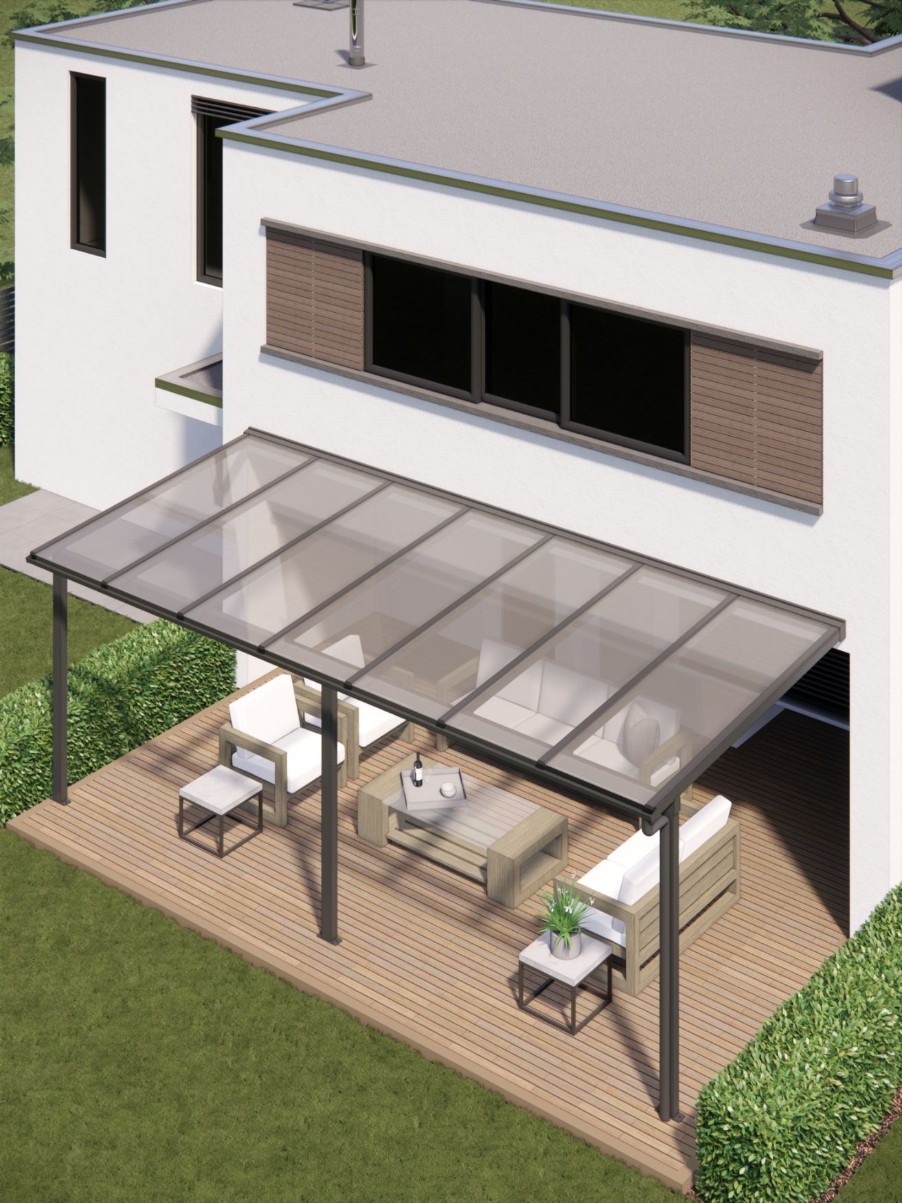 An aerial view of a house with a clear roof
