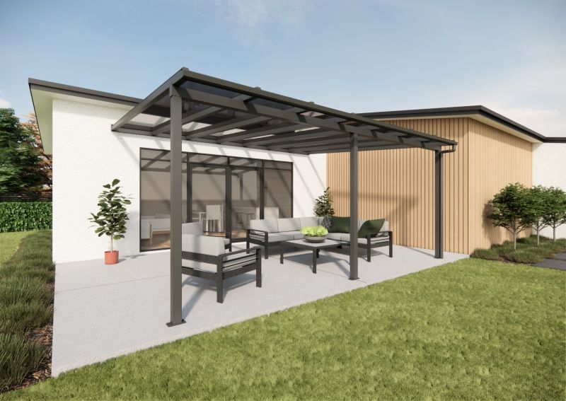 An artist 's impression of a house with a pergola and patio furniture.