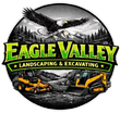 Logo for Eagle Valley Landscaping & Excavating featuring an eagle flying over mountains, a lawnmower, and a skid steer.