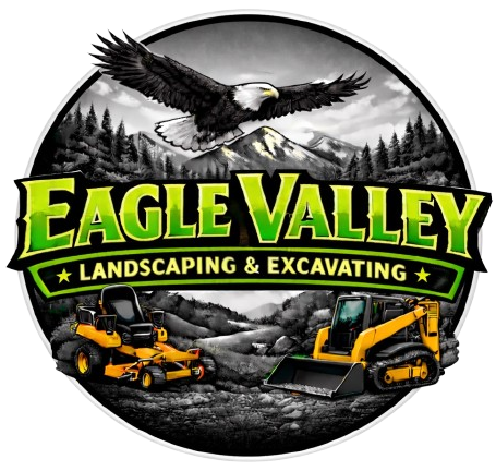 Logo for Eagle Valley Landscaping & Excavating featuring an eagle flying over mountains, a lawnmower, and a skid steer.