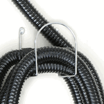 A close up of a black hose with a metal hook attached to it.