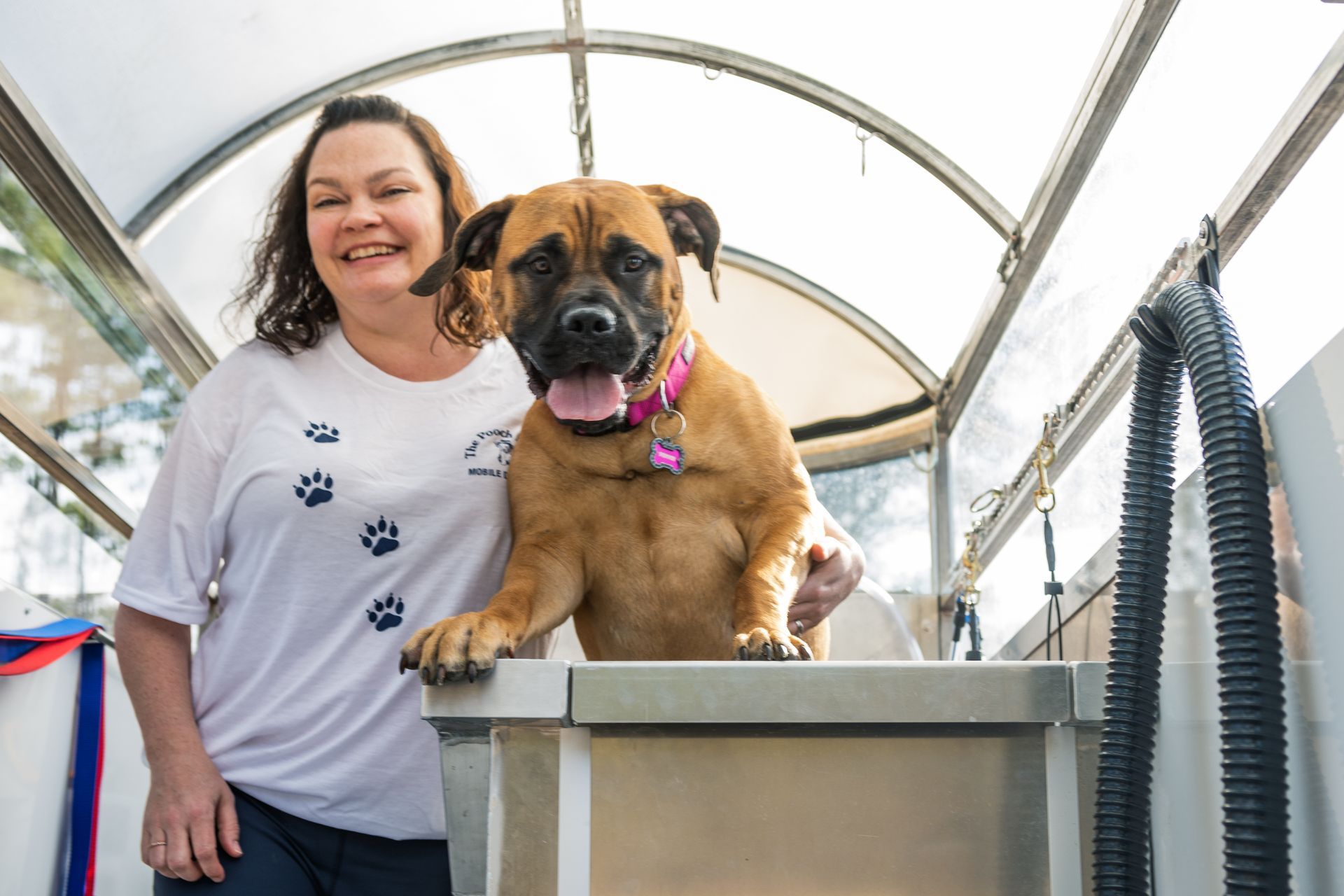 A woman is standing next to a dog in a bathtub.