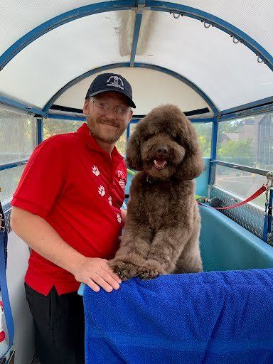 A man in a red shirt is standing next to a brown poodle.