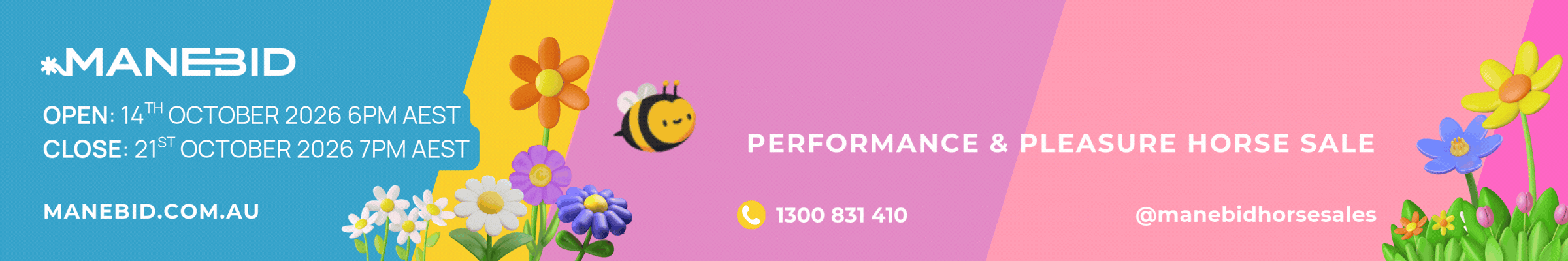 Pink-and-yellow Manebid promotional banner with floral graphics and website/social links