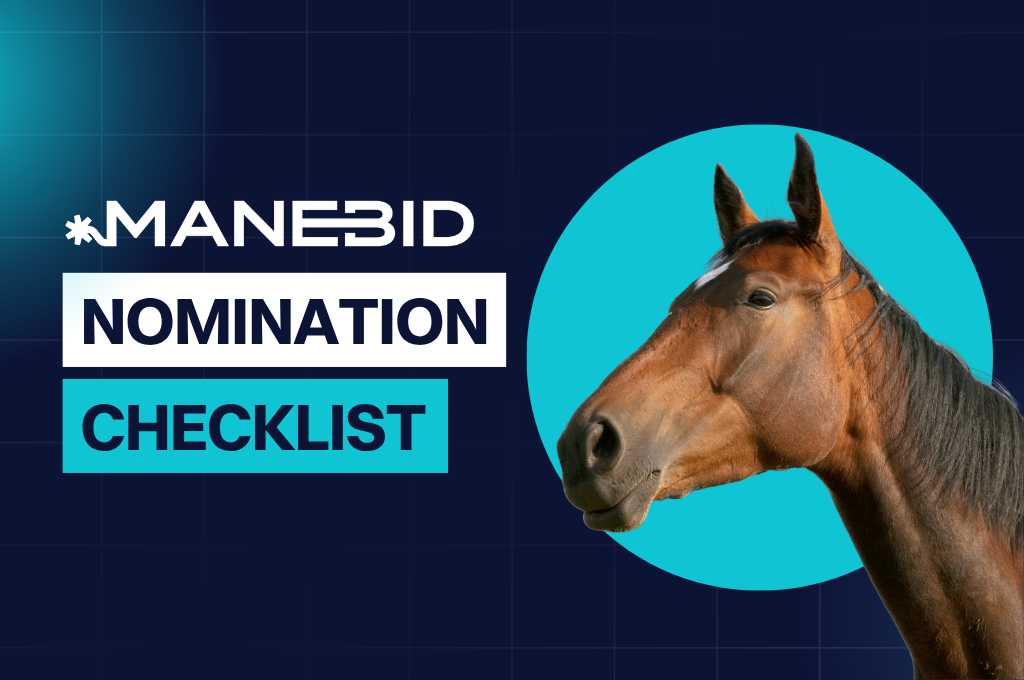 Manebid nomination checklist graphic with a horse on a teal circle background