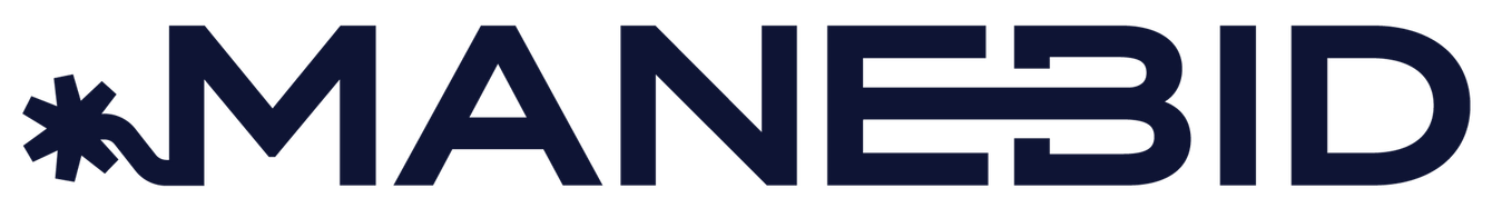 ManeBid logo in dark blue with a starburst icon on a white background