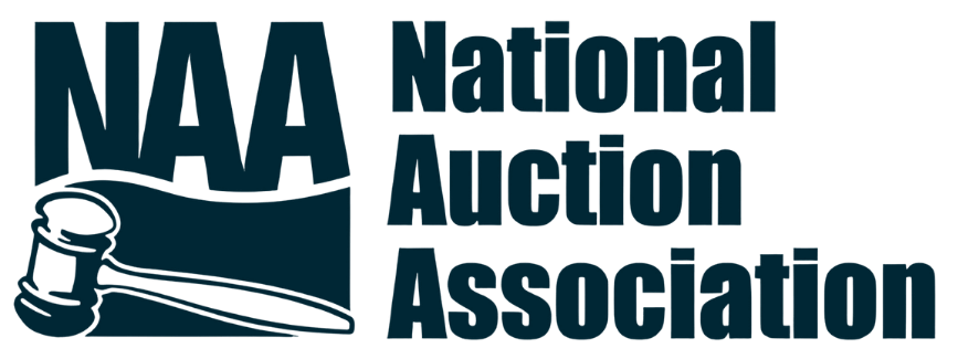 National Auction Association logo with gavel icon and navy blue text on white background