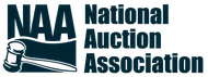 National Auction Association logo with gavel icon and navy blue text on white background