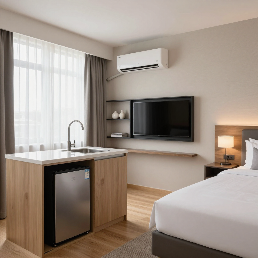 A hotel room featuring a bed, a kitchenette with a sink and mini-fridge, a wall-mounted TV, and light wood furnishings.