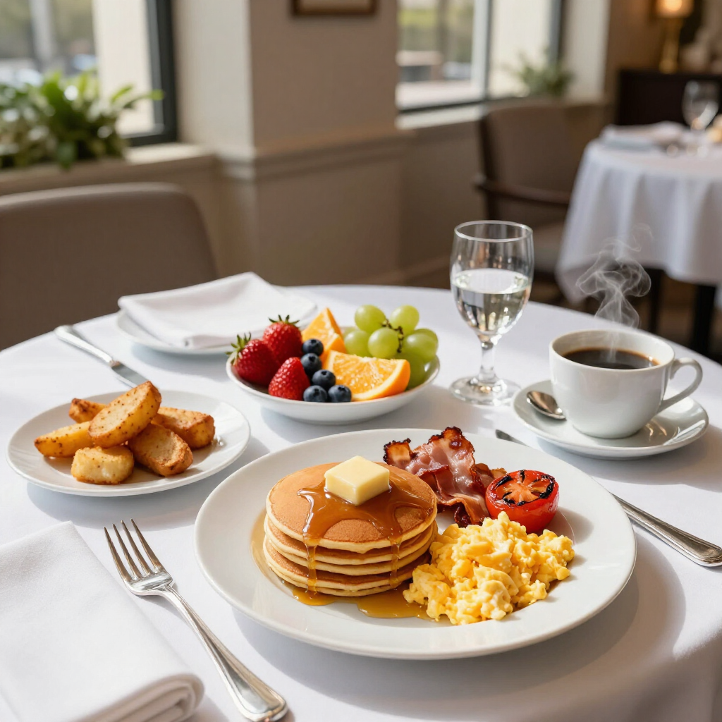 A breakfast table with pancakes, scrambled eggs, bacon, fruit, potatoes, and a steaming cup of coffee in a dining room.