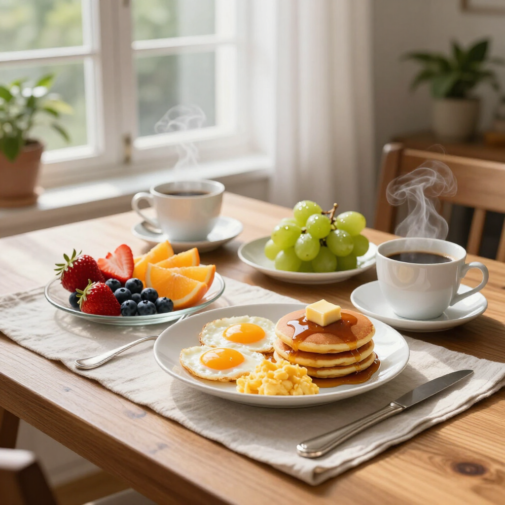 A breakfast spread with pancakes, eggs, fruit, and two steaming cups of coffee on a wooden table by a window.