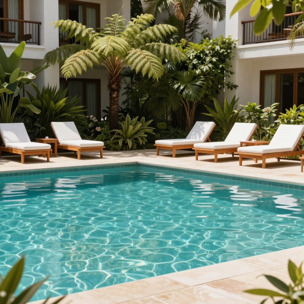 Turquoise swimming pool surrounded by lounge chairs, lush greenery, and a white building in a sunny, tropical courtyard.
