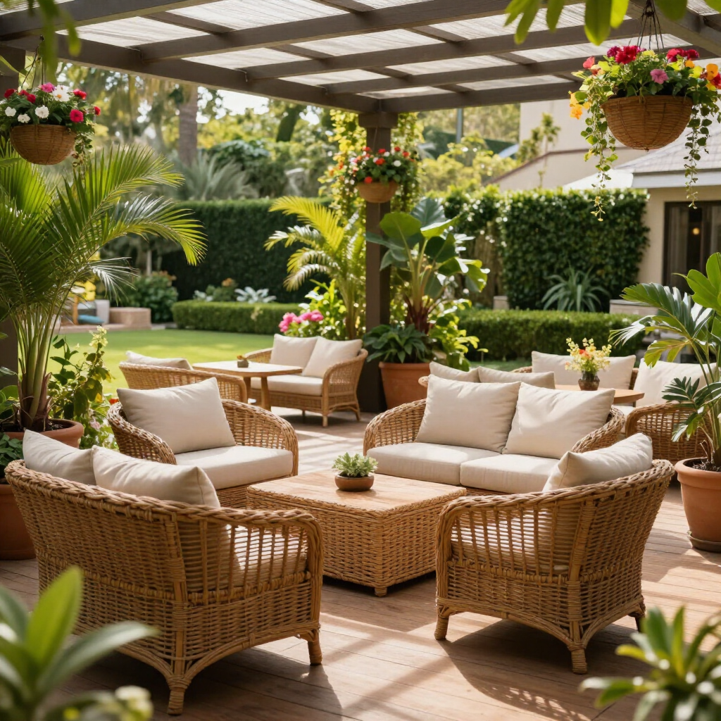 A sunny patio features wicker furniture with beige cushions under a wooden pergola, surrounded by lush potted plants.