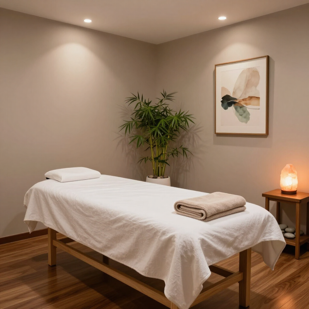 A massage room with a white-draped bed, a potted plant, wall art, and a glowing salt lamp on a wooden side table.