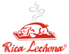 Logotipo rojo de un cerdo asado en una bandeja con vapor y las palabras “Rica Lechona”.