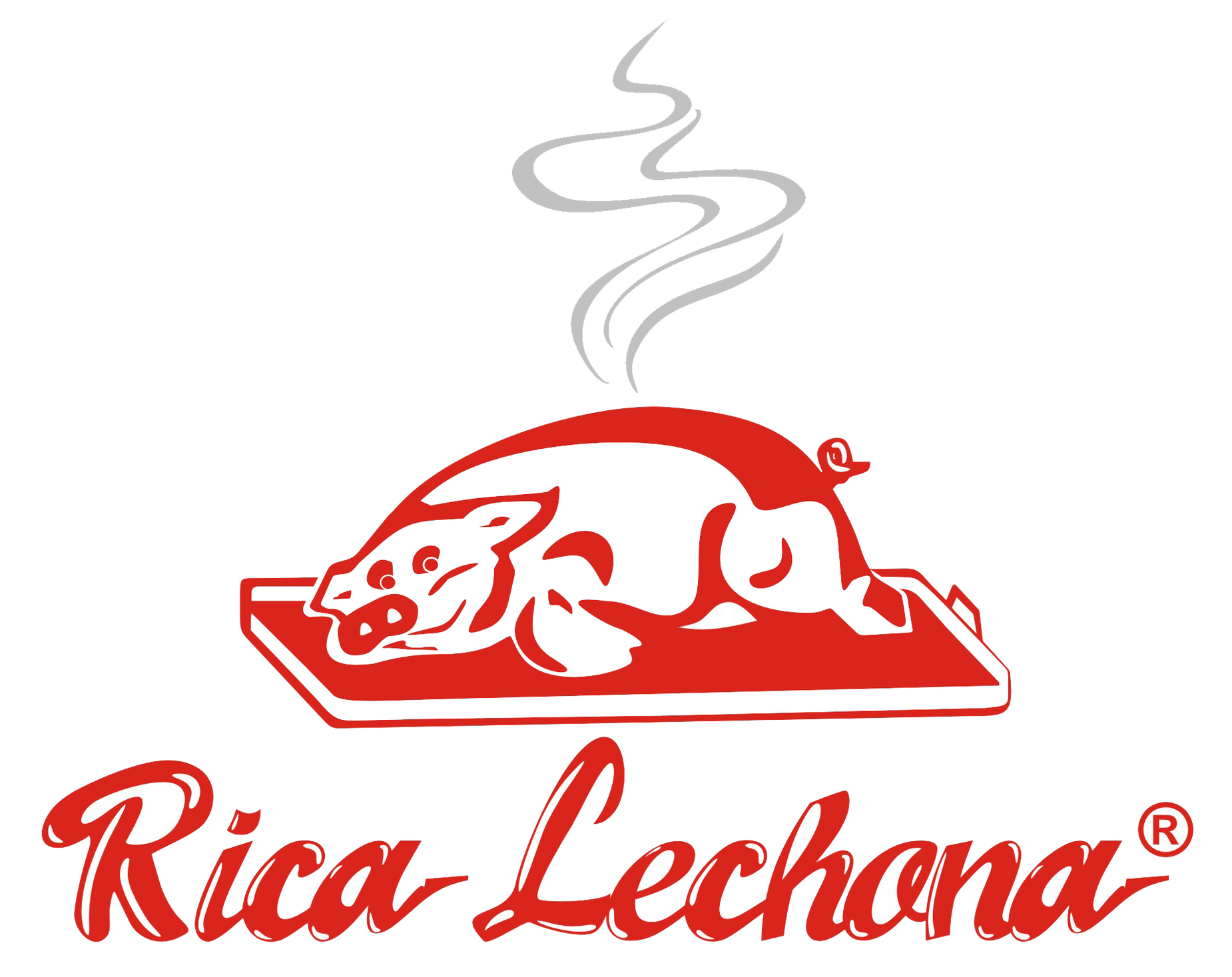 Logotipo rojo de un cerdo asado en una bandeja con vapor y las palabras “Rica Lechona”.