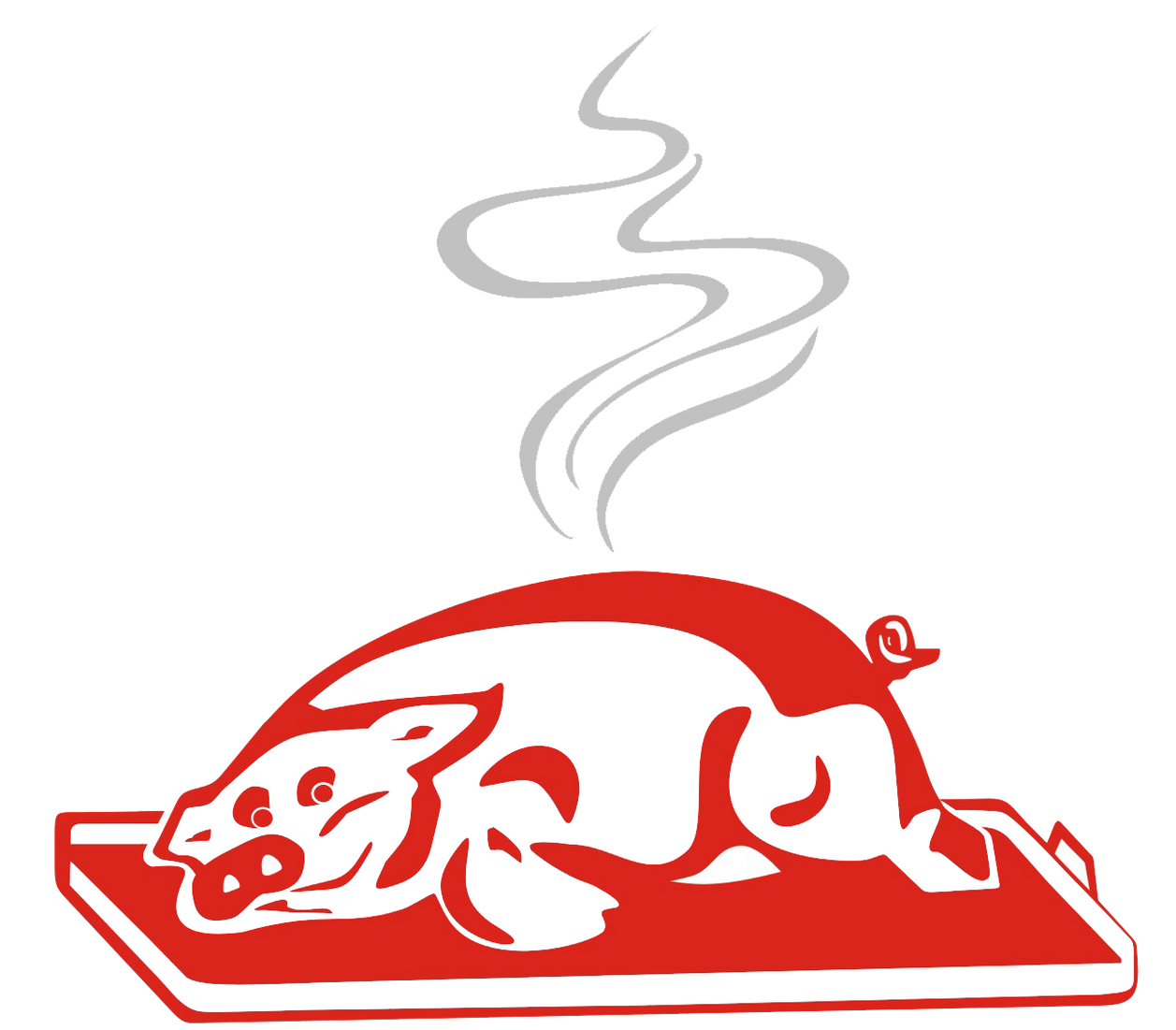 Logotipo de cerdo humeante rojo en una bandeja, en rojo y gris.