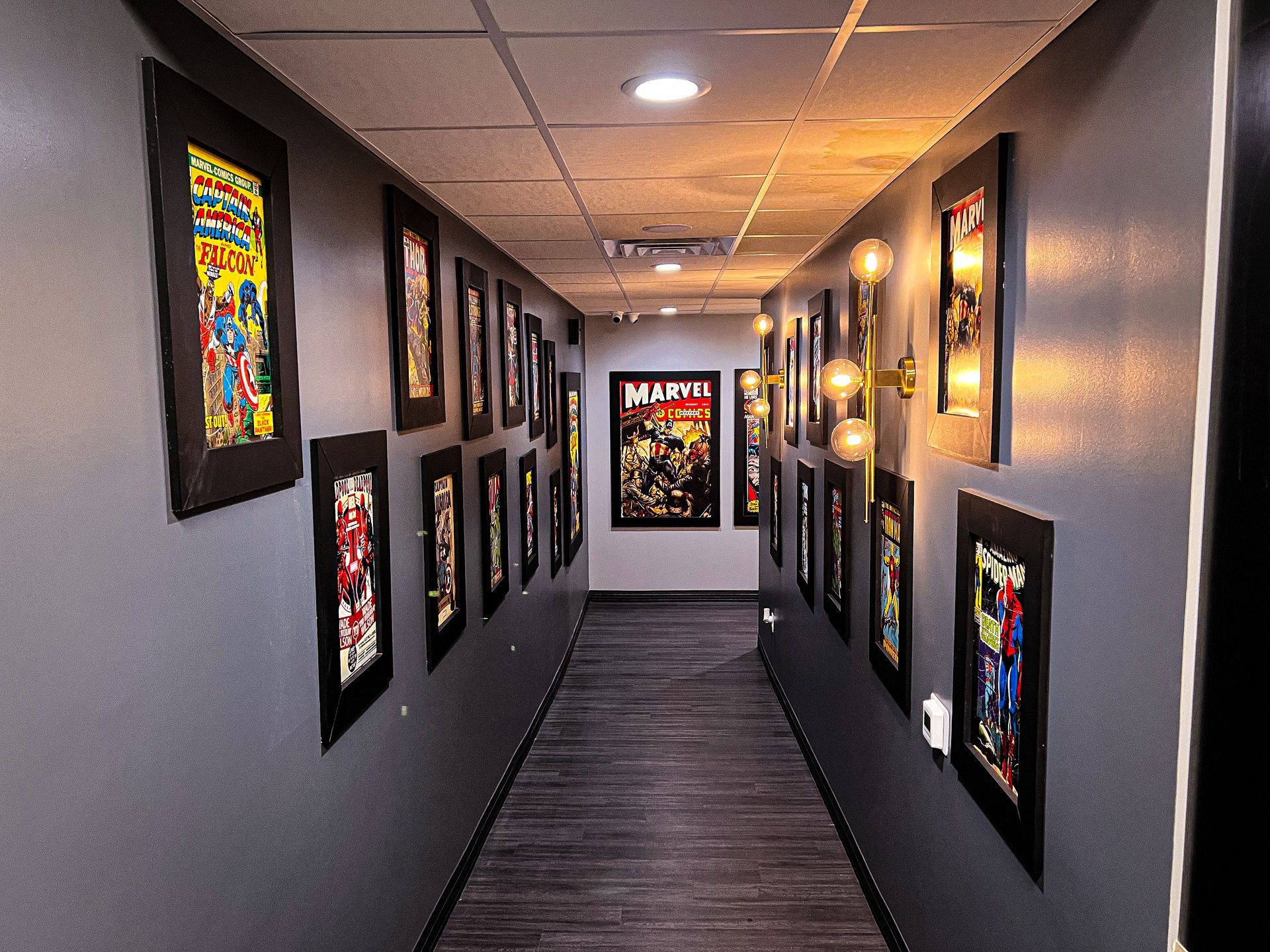 Narrow hallway with framed artwork on dark walls and ceiling lights, leading to a bright doorway.