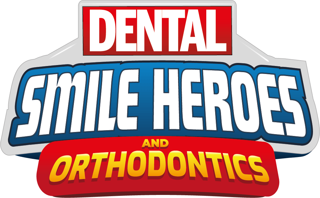 Dental Smile Heroes and Orthodontics logo in red, white, blue, and yellow text