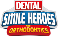 Dental Smile Heroes and Orthodontics logo in red, white, blue, and yellow text