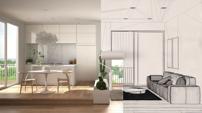 Luminoso soggiorno-sala da pranzo in stile minimalista con pavimento in legno, mobili bianchi e ampie finestre.