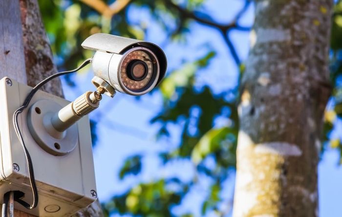 Telecamera di sicurezza montata su un palo all'esterno, puntata verso l'alto tra gli alberi e il cielo azzurro.