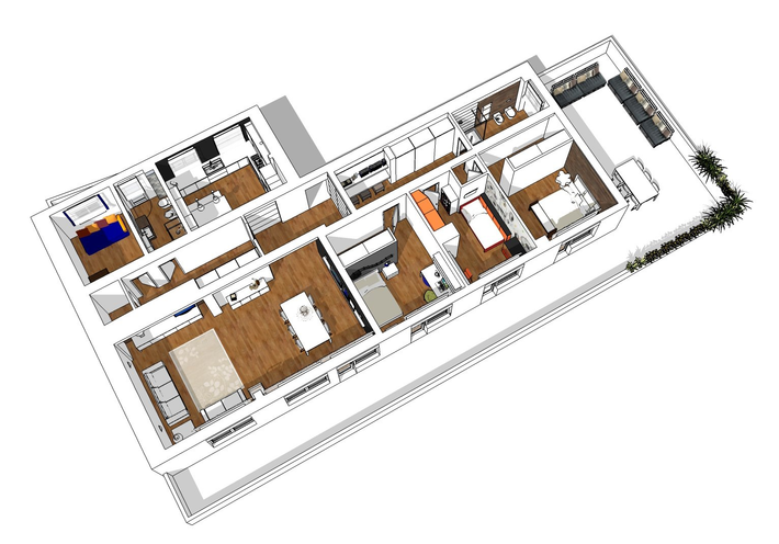 Planimetria 3D di un appartamento moderno con stanze, mobili e pavimento in legno.