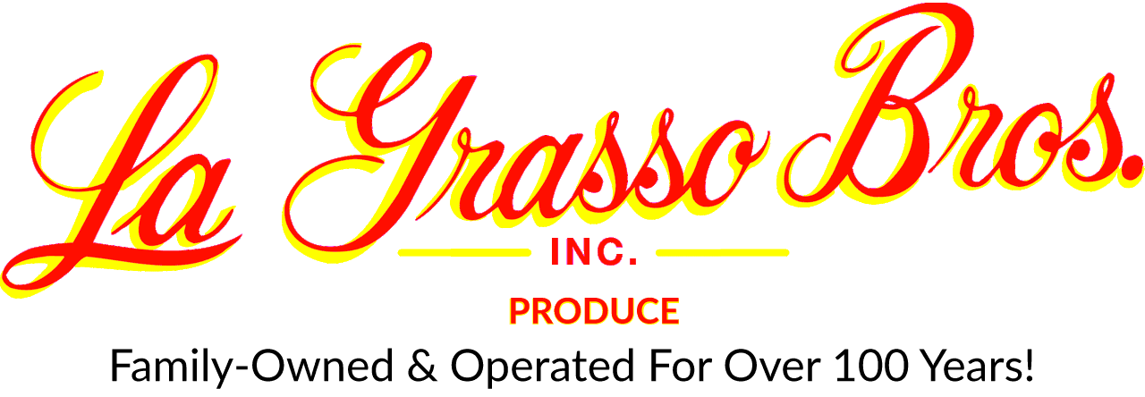 Logo for La Grasso Bros. produce company, with red and yellow script text and the tagline