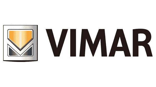 Logo VIMAR con emblema stilizzato arancione e grigio e testo nero in grassetto.