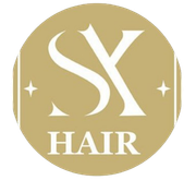 A circular logo with a tan background features the white letters "SX" above the word "HAIR," flanked by two small stars.