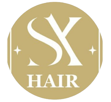 A circular logo with a tan background features the white letters "SX" above the word "HAIR," flanked by two small stars.