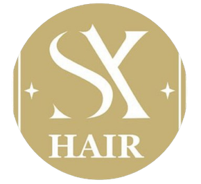 A circular logo with a tan background features the white letters "SX" above the word "HAIR," flanked by two small stars.