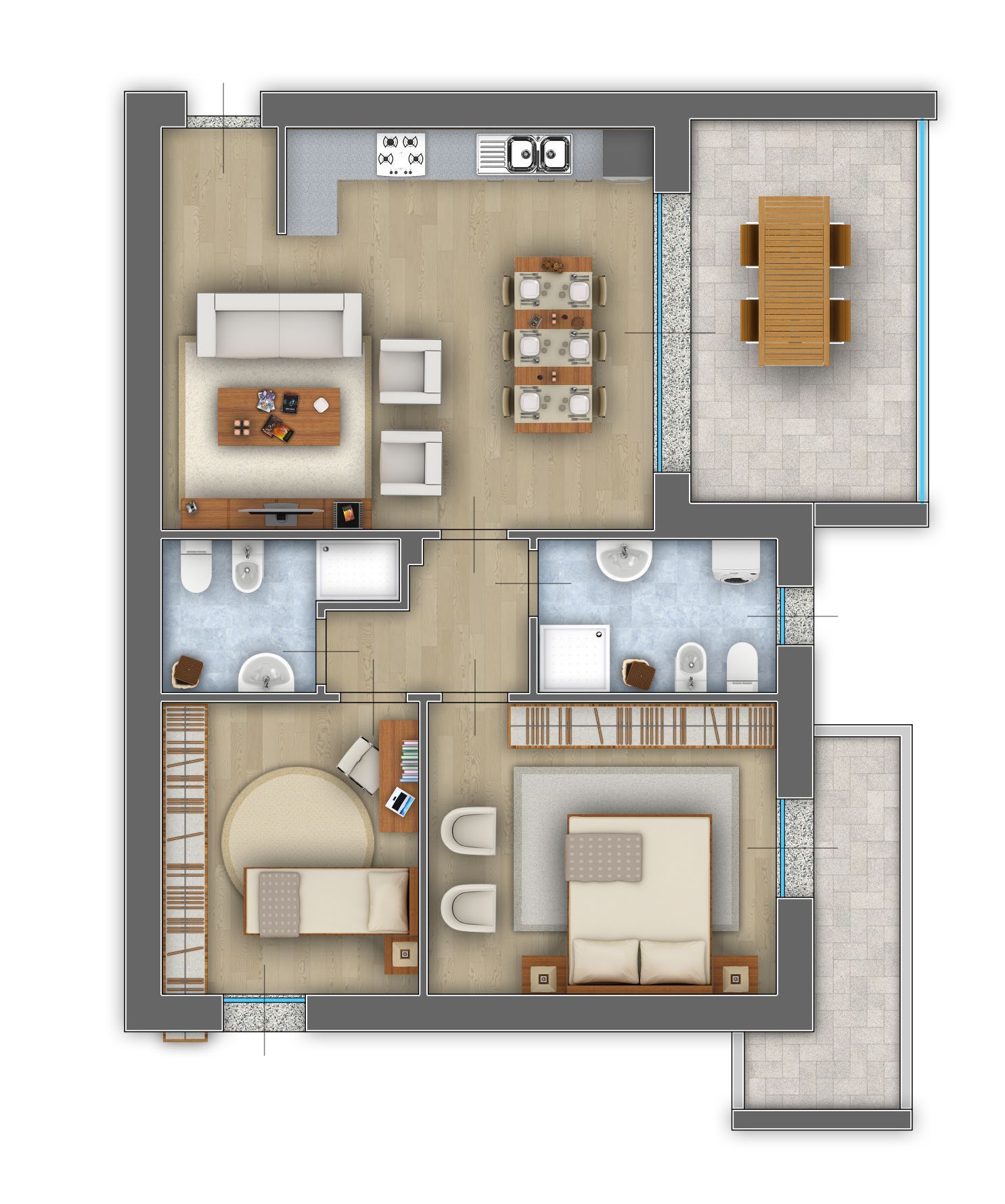 Pianta dell'appartamento vista dall'alto verso il basso con cucina, soggiorno, due camere da letto, bagno, balcone e scale.