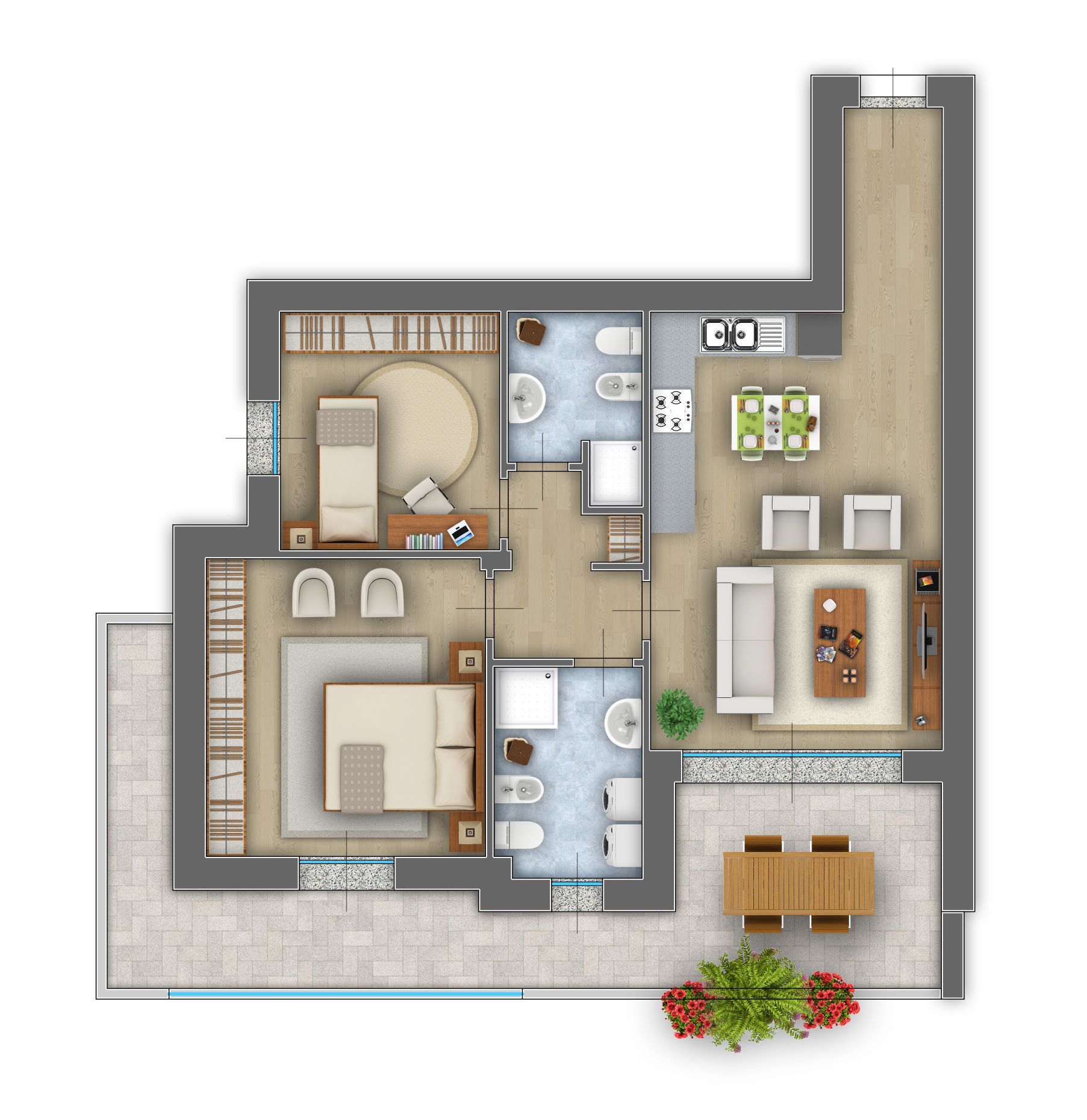 Pianta dall'alto di un appartamento arredato con patio, soggiorno, cucina, camere da letto e bagni.