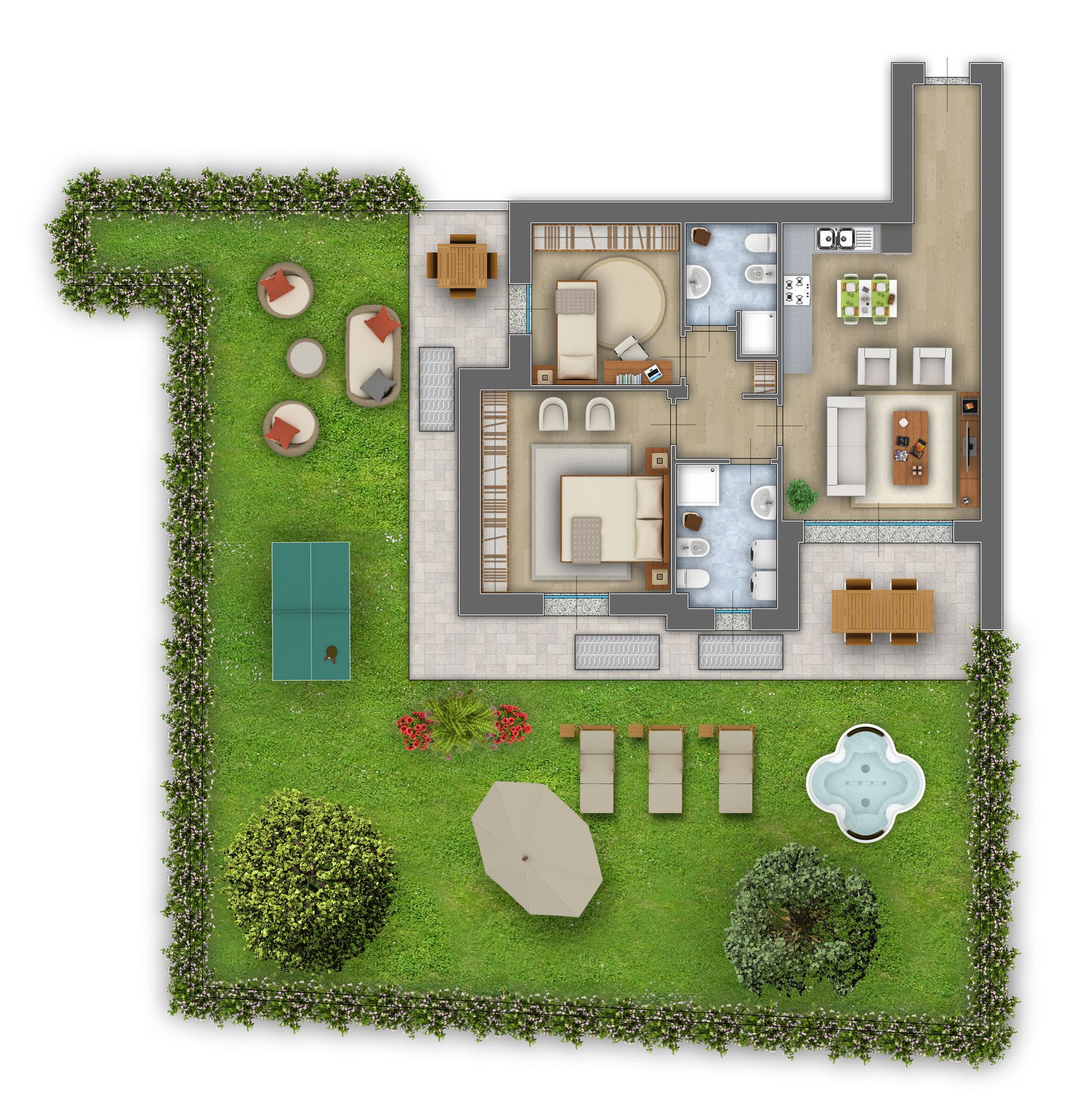 Pianta della casa vista dall'alto, con patio sul retro, sedie a sdraio e stanze interne.