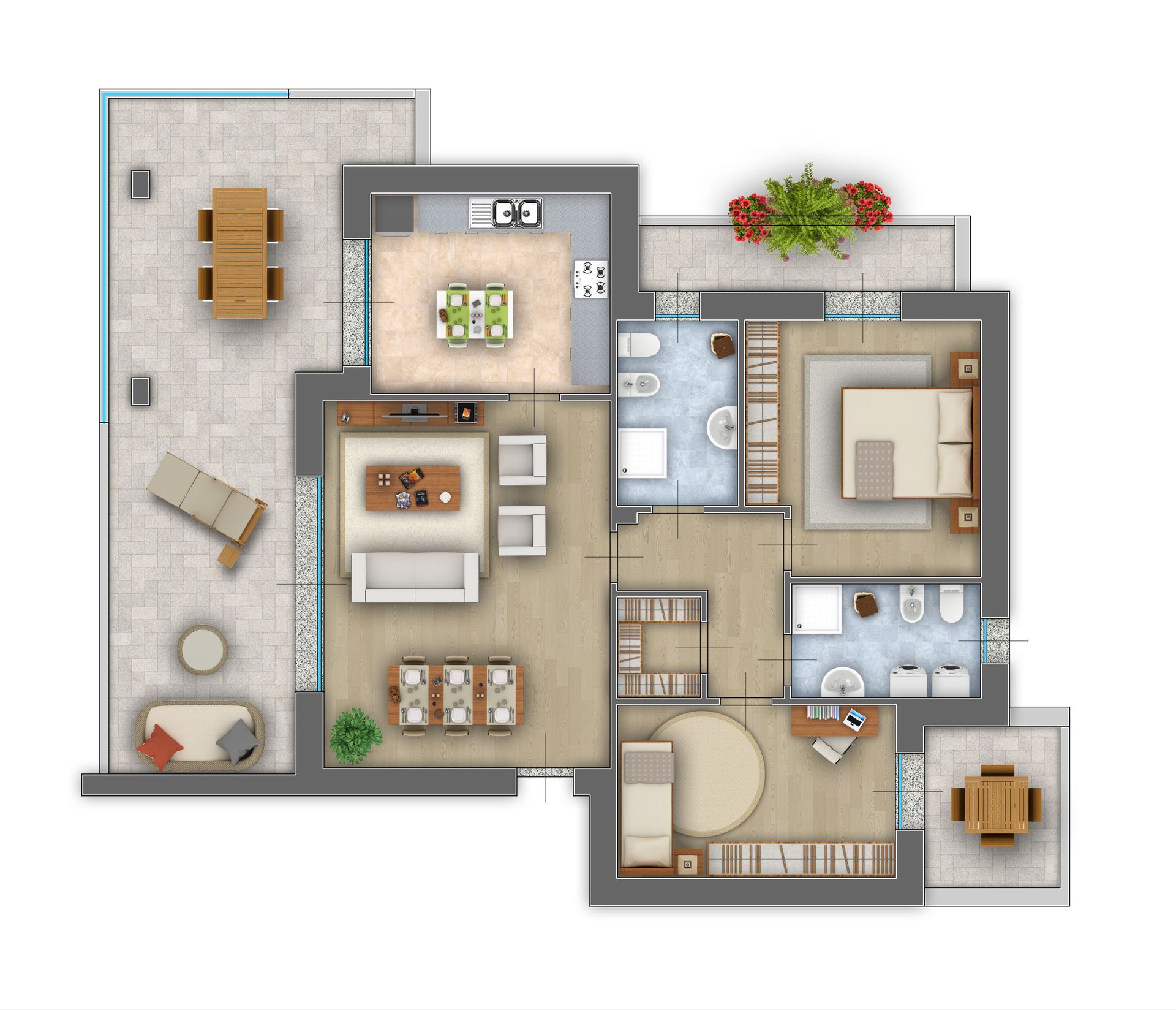 Pianta dell'appartamento vista dall'alto verso il basso con cucina, soggiorno, due camere da letto, bagno, balcone e scale.