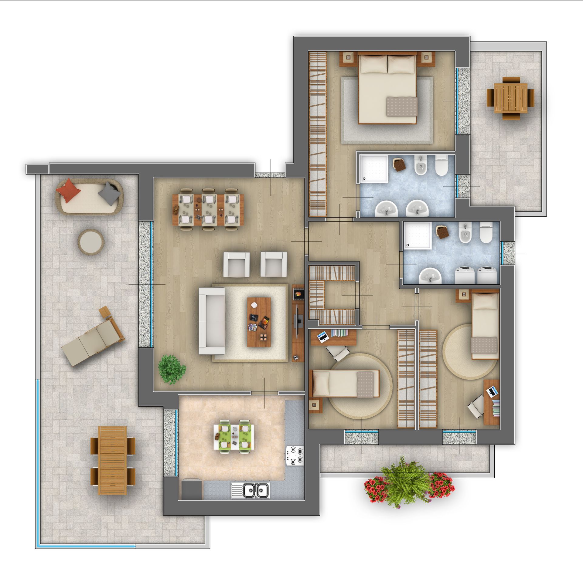 Pianta dall'alto di un appartamento arredato con patio, soggiorno, cucina, camere da letto e bagni.