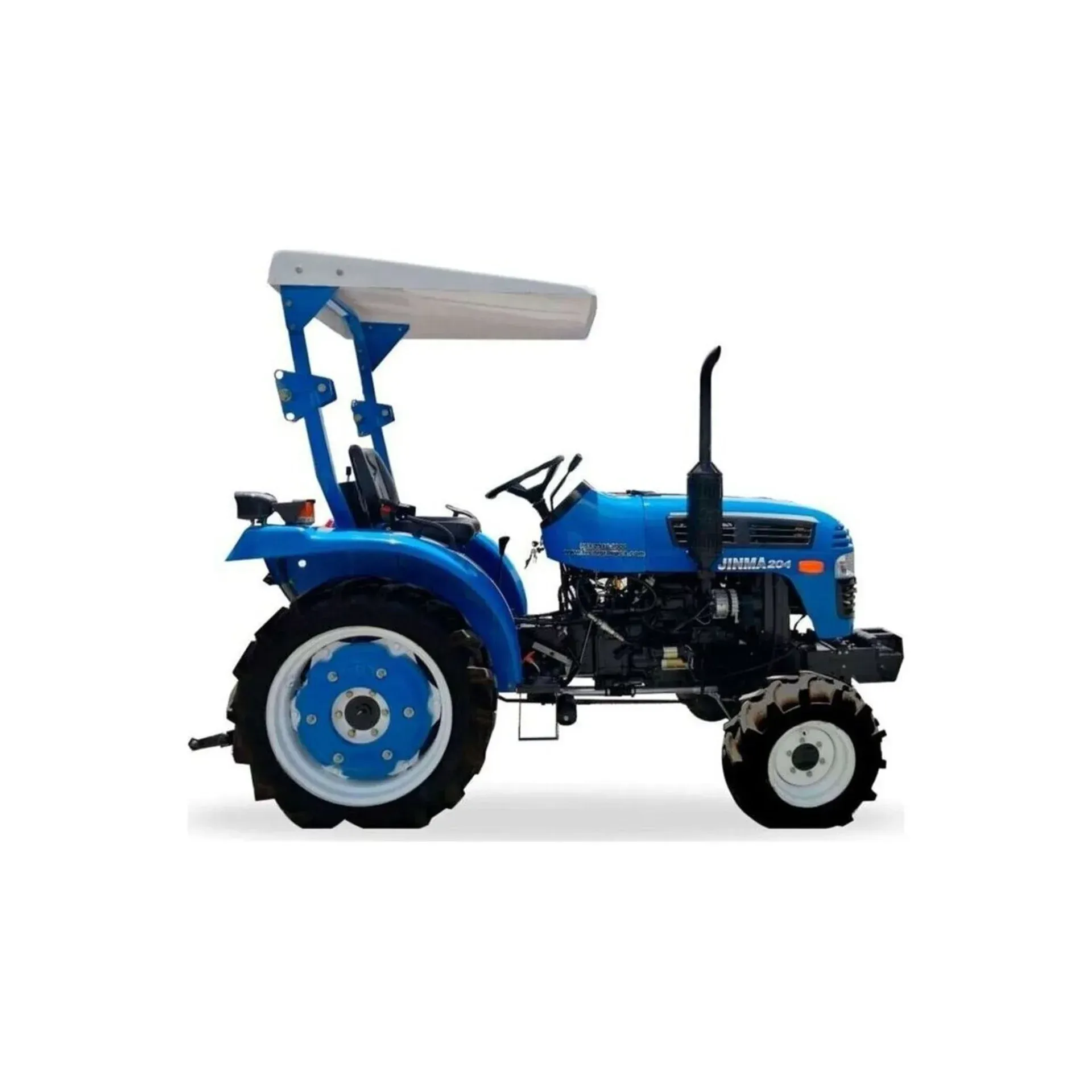 Un tractor azul con un dosel encima sobre un fondo blanco.