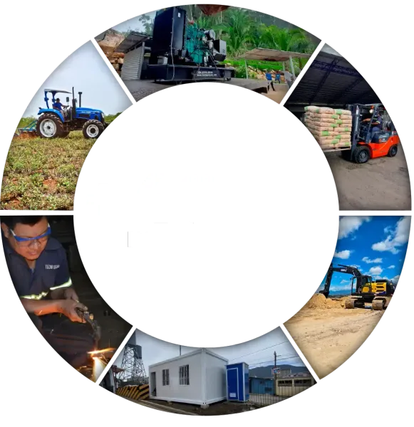 Un collage de imágenes de tractores y edificios en círculo